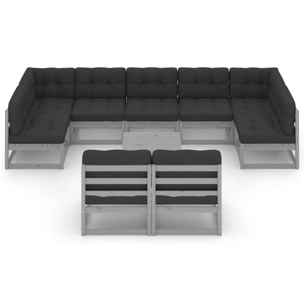 10-tlg. Garten-Lounge-Set mit Kissen Grau Kiefer Massivholz.